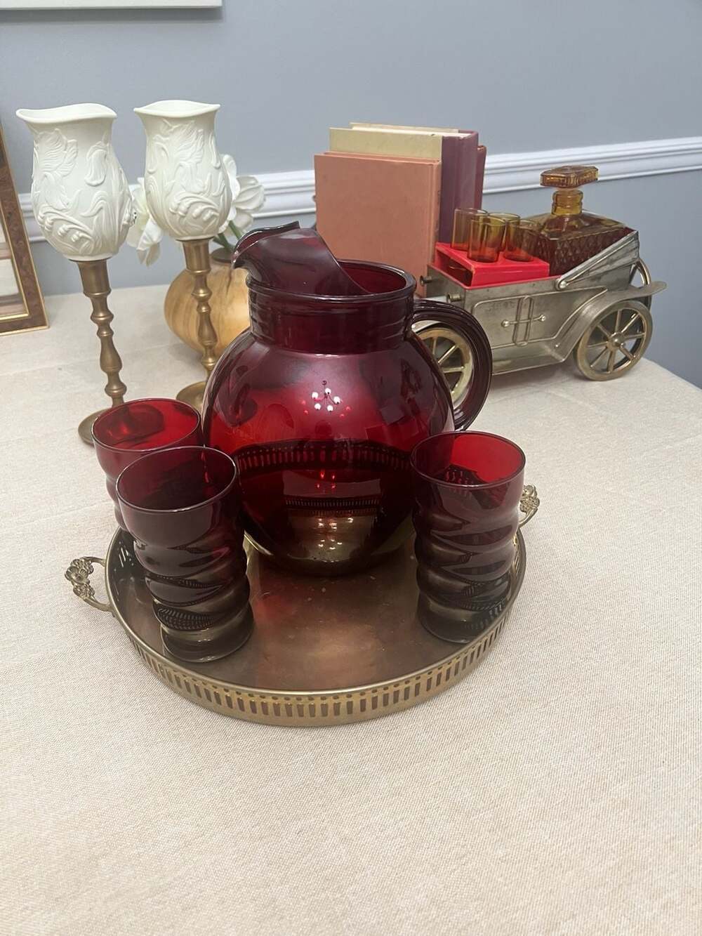 Vintage Anchor Hocking Ruby Red Pitcher and 3 beehive tumblers
